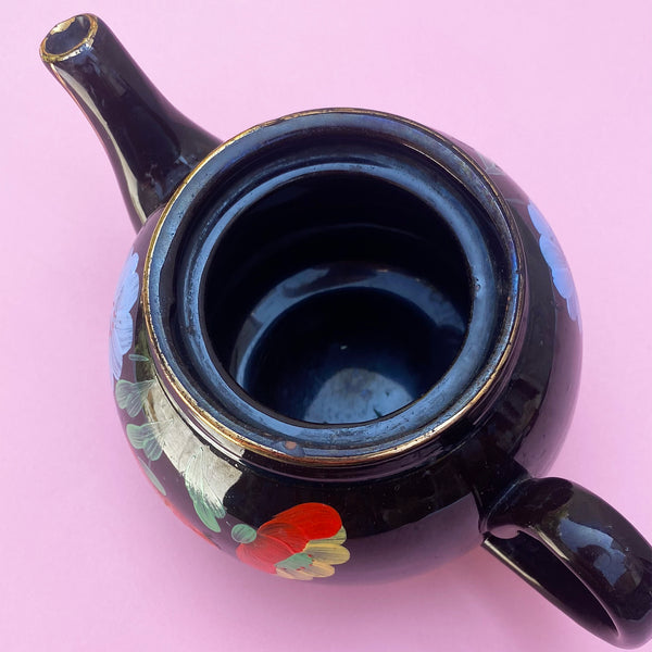 Vintage 1950's teapot | black with hand painted floral design | Alcock Lindley Bloore Brown