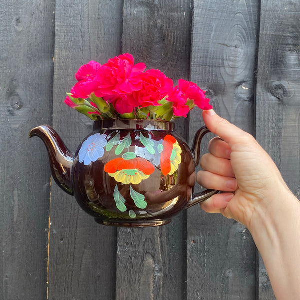 Vintage 1950's teapot | black with hand painted floral design | Alcock Lindley Bloore Brown