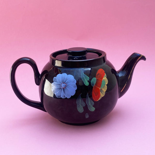 Vintage 1950's teapot | black with hand painted floral design | Alcock Lindley Bloore Brown