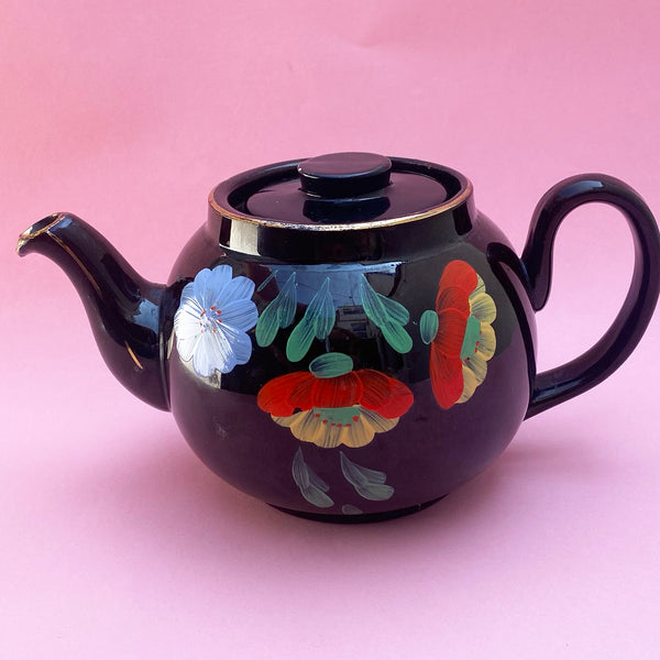 Vintage 1950's teapot | black with hand painted floral design | Alcock Lindley Bloore Brown